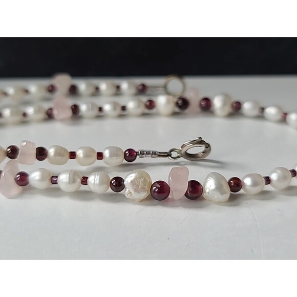 925 Sterling Silver Rose Quartz Garnet & Pearl Beaded Necklace Vintage - Picture 6 of 10